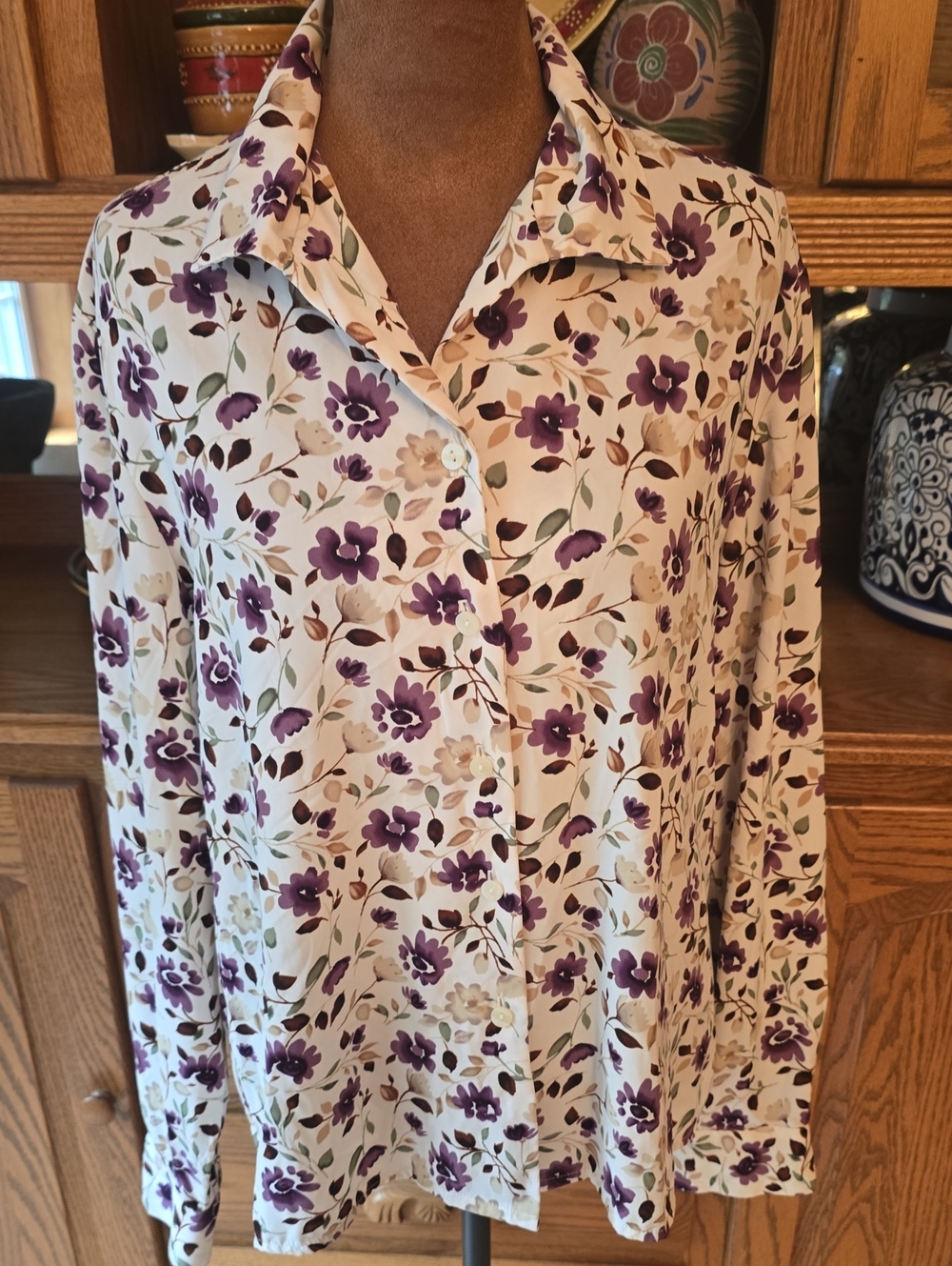 Laura Scott Cream Button-Down Shirt with Purple Floral Print